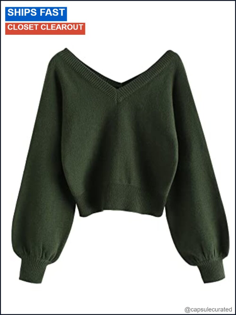 V-Neck Cropped Sweater Long Sleeve Knit Pullover Top